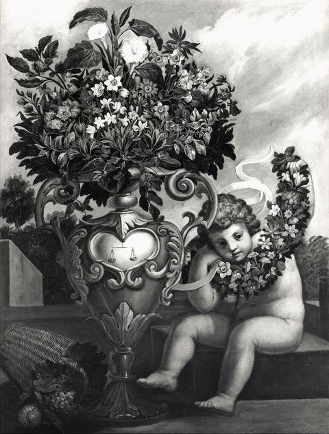 Anonimo — Autore non indicato - sec. XVII - Natura morta con vaso di fiori con segno zodiacale della Bilancia e putto con festone di fiori — insieme